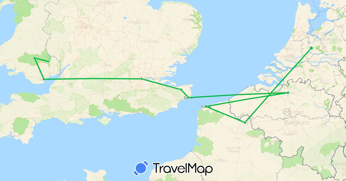 TravelMap itinerary: driving, bus in Belgium, France, United Kingdom, Netherlands (Europe)